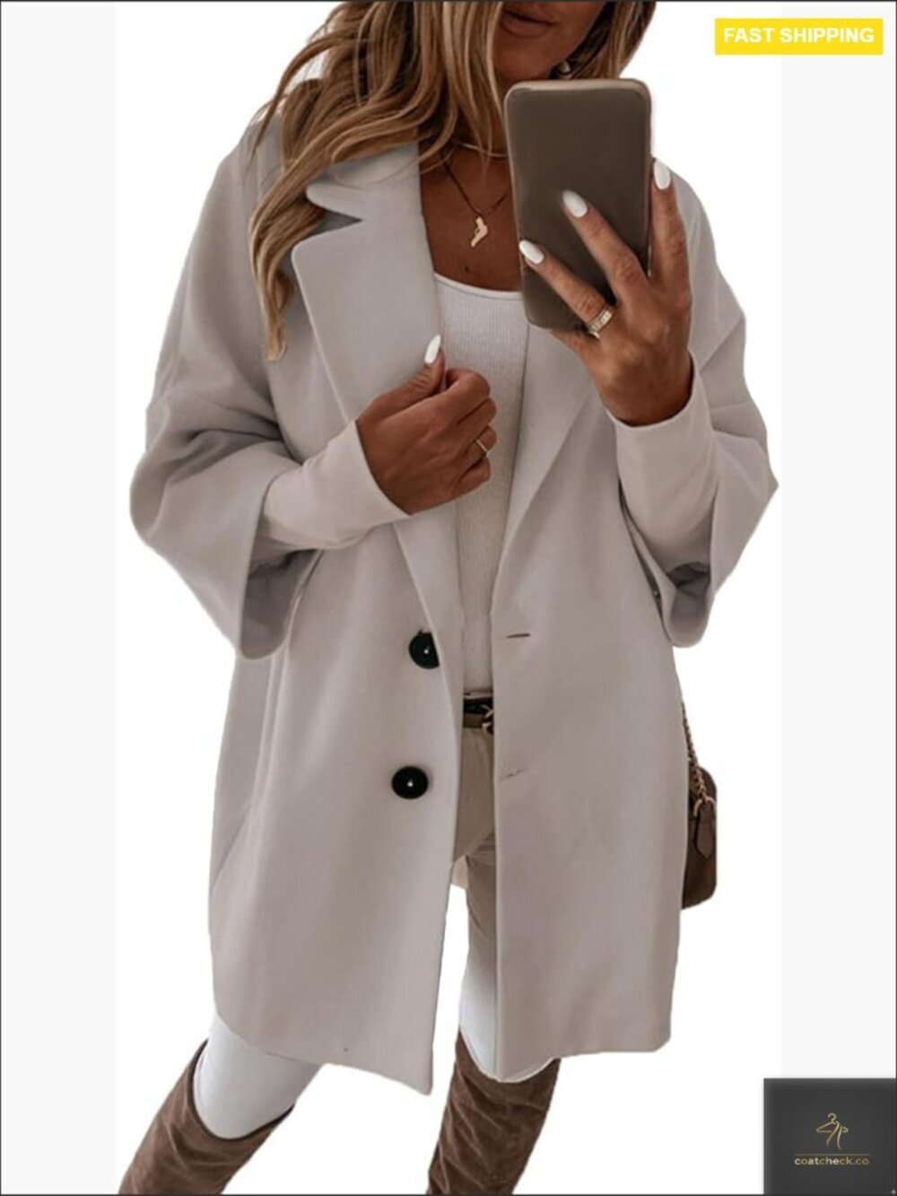 Wool Blend Pea Coat Loose Fit Classic Elegant Midi Overcoat 3/4 Sleeve